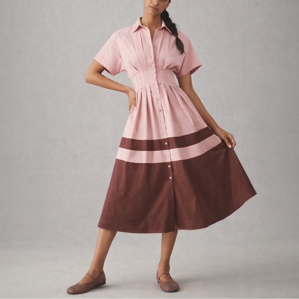 Exquise Anthropologie Tobie Shirt Dress Sz SP Pink Colorblock Button Front Midi